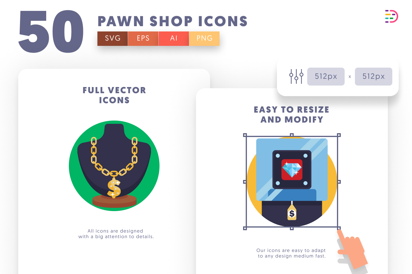 50 Pawn Shop Icons – set of colorful flat circle icons