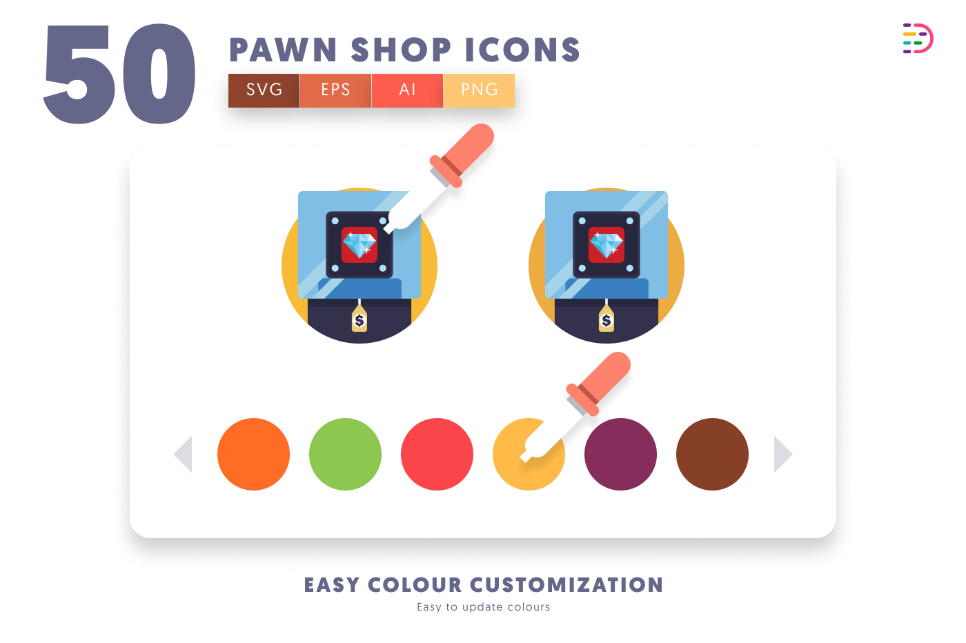 50 Pawn Shop Icons – set of colorful flat circle icons