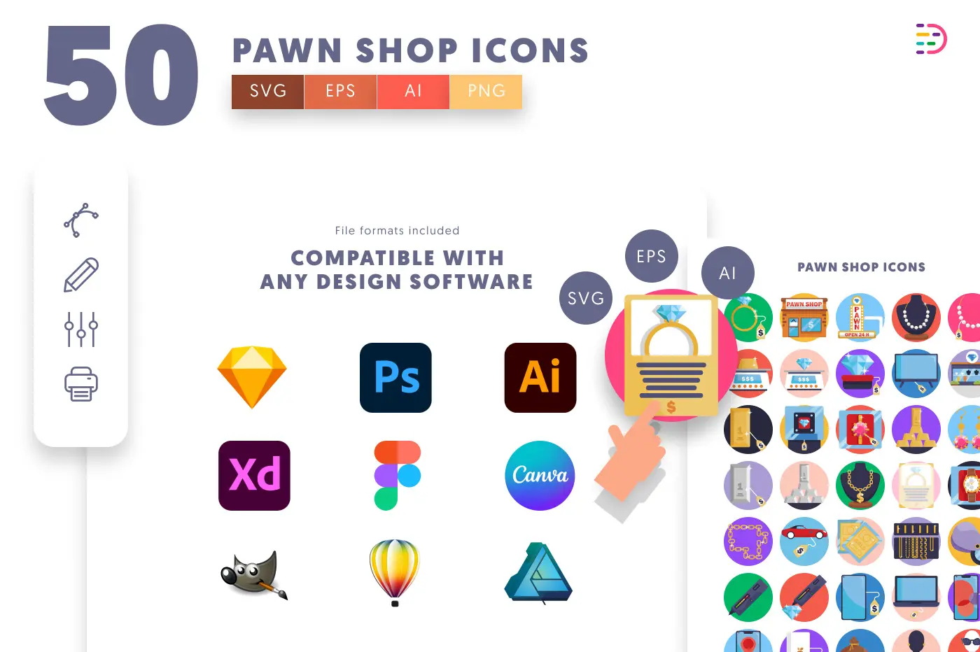 50 Pawn Shop Icons – set of colorful flat circle icons