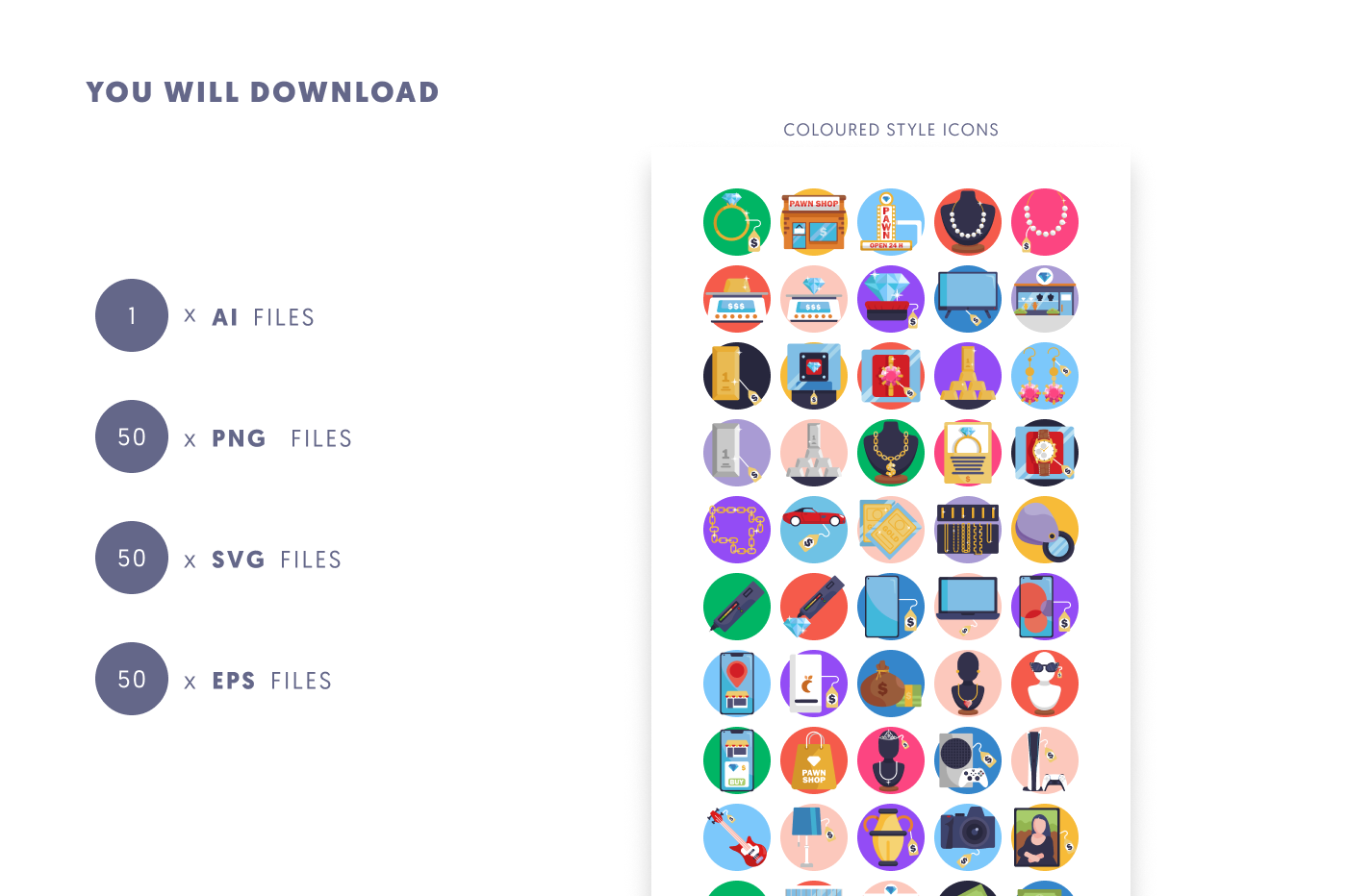 50 Pawn Shop Icons – set of colorful flat circle icons