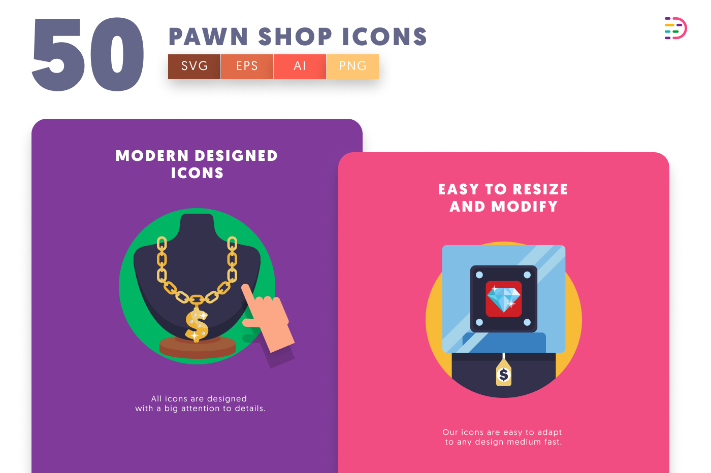 50 Pawn Shop Icons – set of colorful flat circle icons