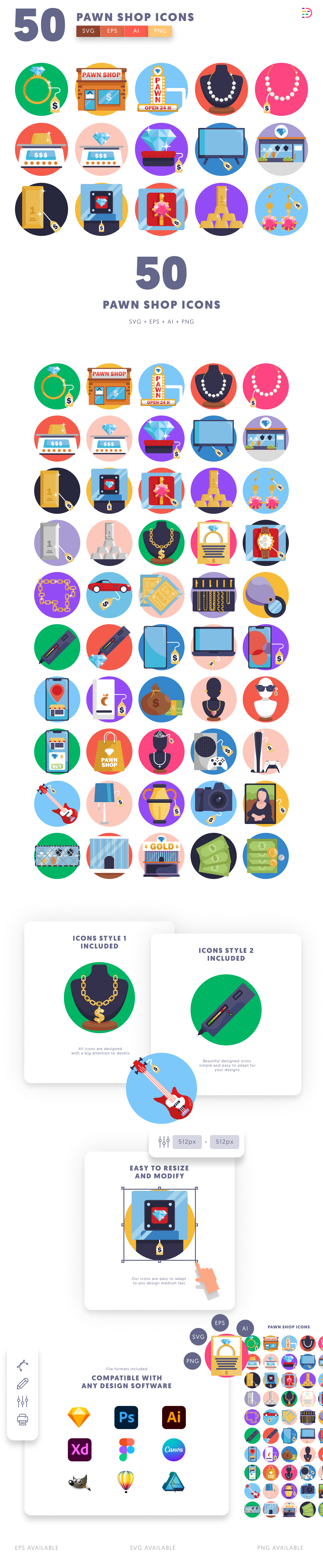 50 Pawn Shop Icons – set of colorful flat circle icons