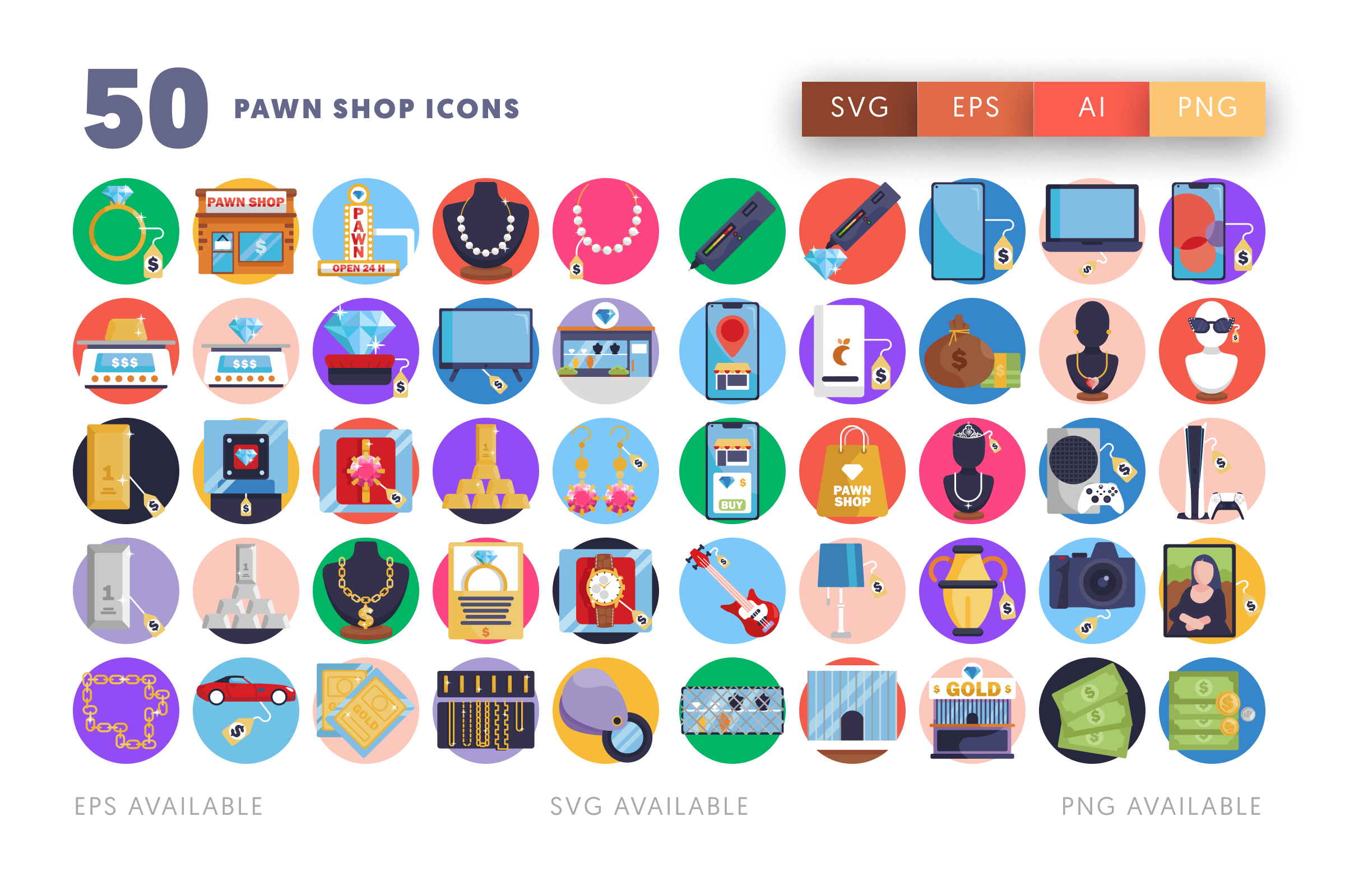 50 Pawn Shop Icons – set of colorful flat circle icons