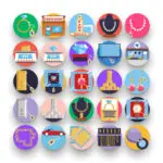 50 Pawn Shop Icons – set of colorful flat circle icons