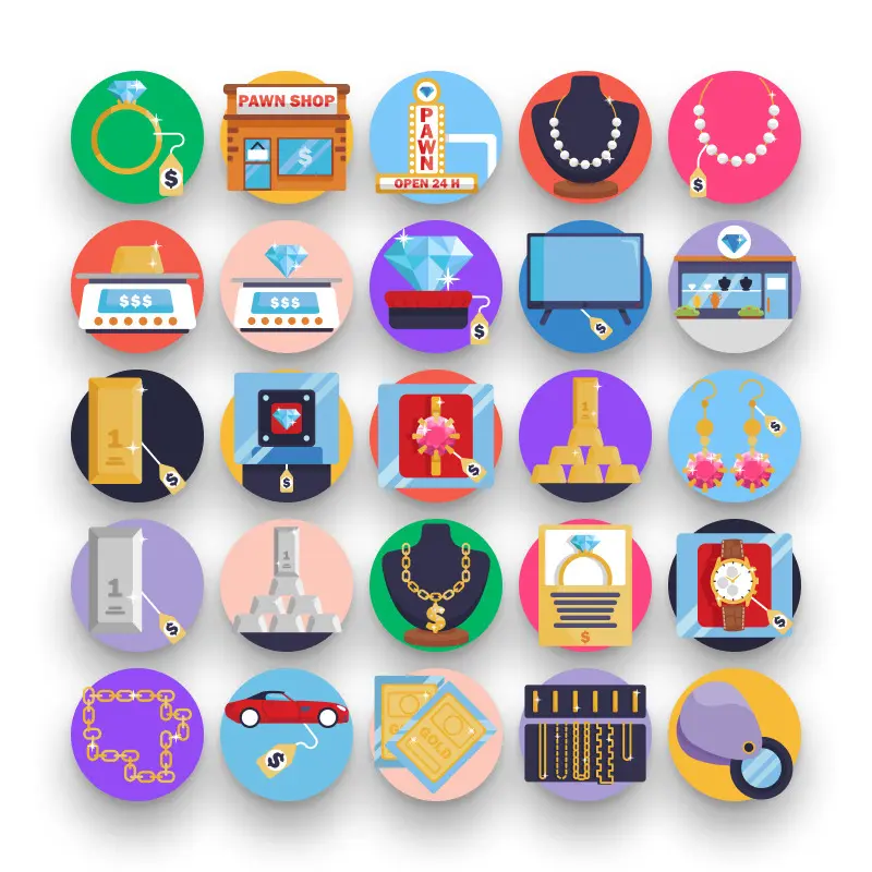 50 Pawn Shop Icons – set of colorful flat circle icons