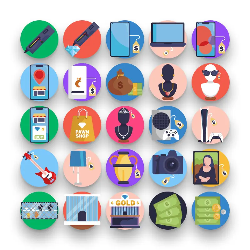 50 Pawn Shop Icons – set of colorful flat circle icons
