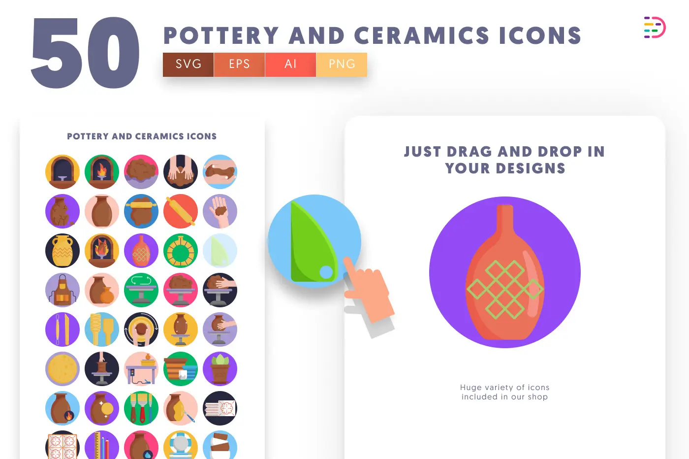 50 Pottery and Ceramics Icons preview 1 – flat circle icons in PNG, SVG and EPS