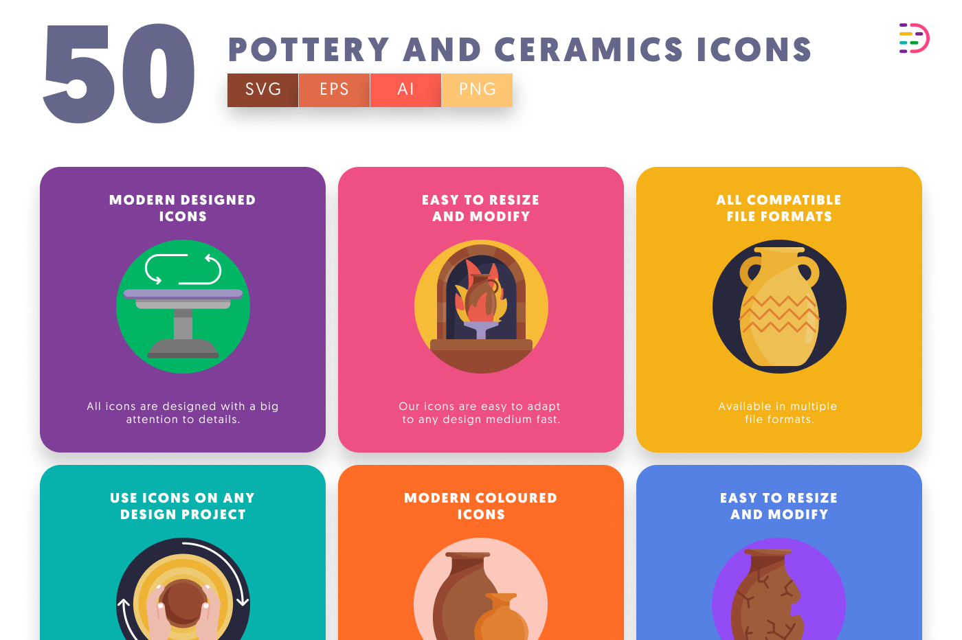 50 Pottery and Ceramics Icons preview 5 – flat circle icons in PNG, SVG and EPS