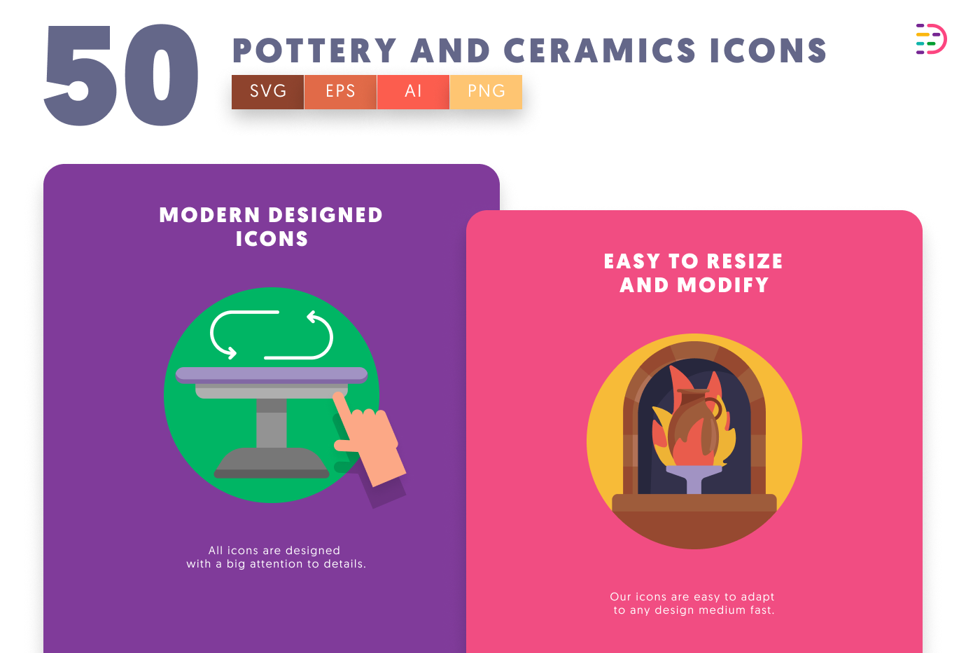 50 Pottery and Ceramics Icons cover – flat circle icons in PNG, SVG and EPS