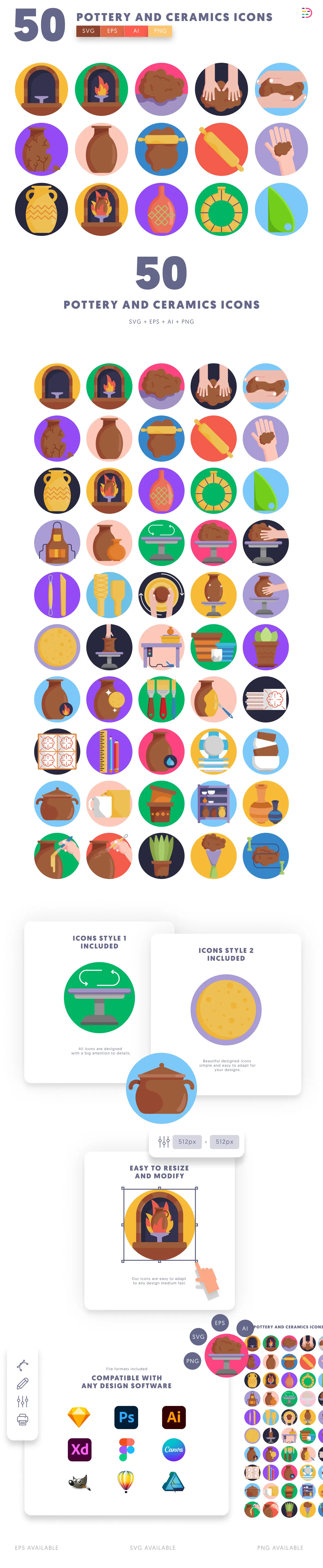 50 Pottery and Ceramics Icons cover – flat circle icons in PNG, SVG and EPS