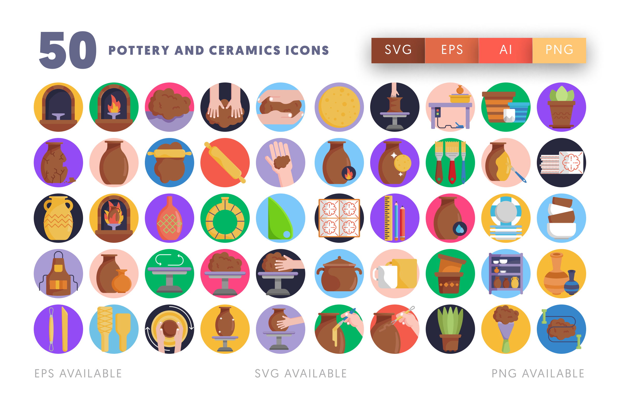 50 Pottery and Ceramics Icons – flat circle icon set