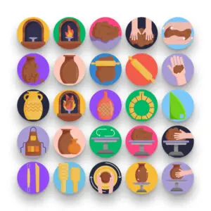 50 Pottery and Ceramics Icons – set of colorful flat circle icons