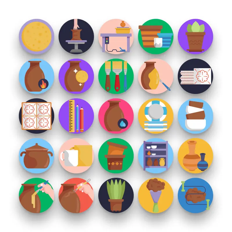 50 Pottery and Ceramics Icons – set of colorful flat circle icons