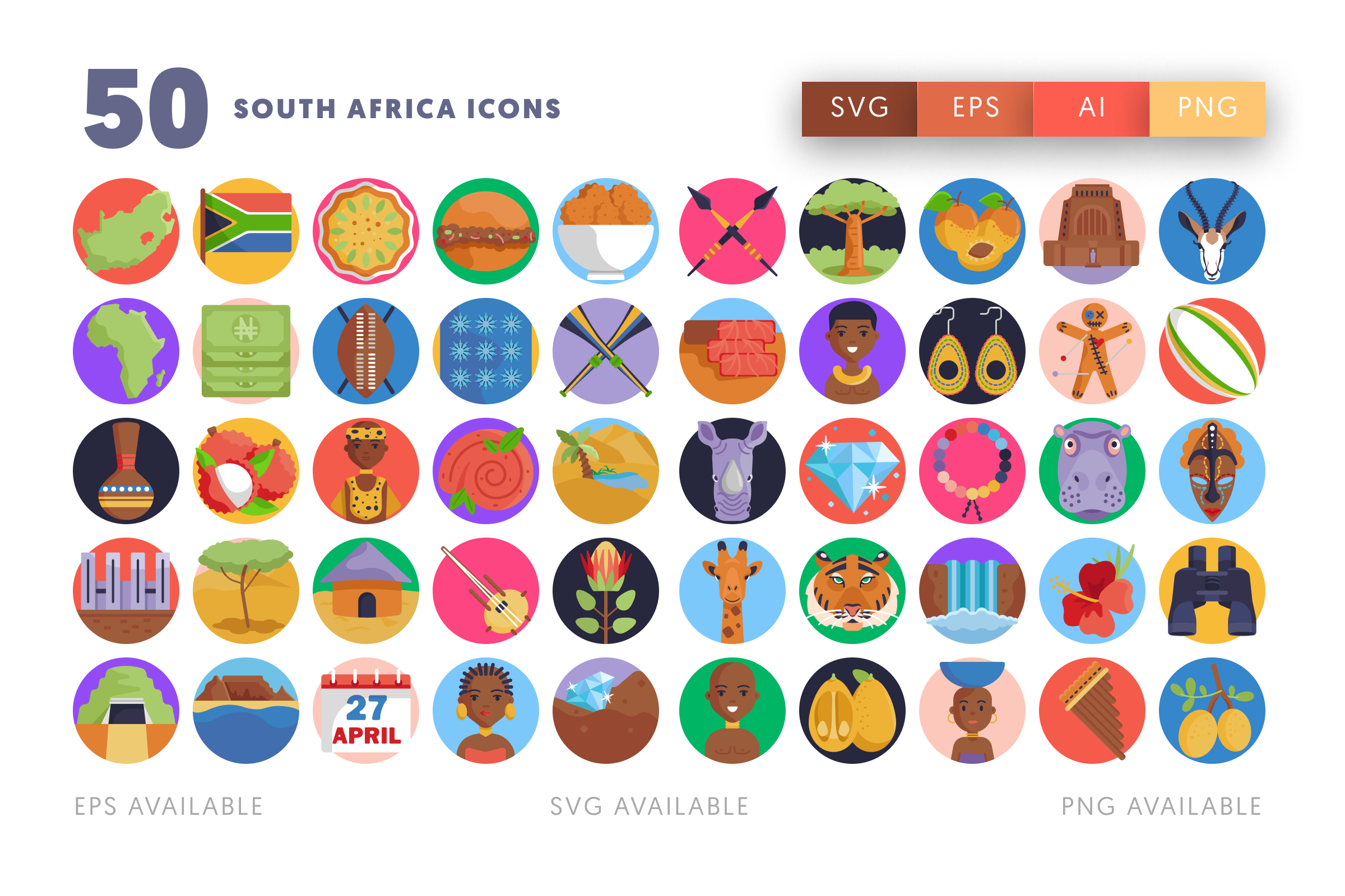 50 South Africa Icons – flat circle icon set