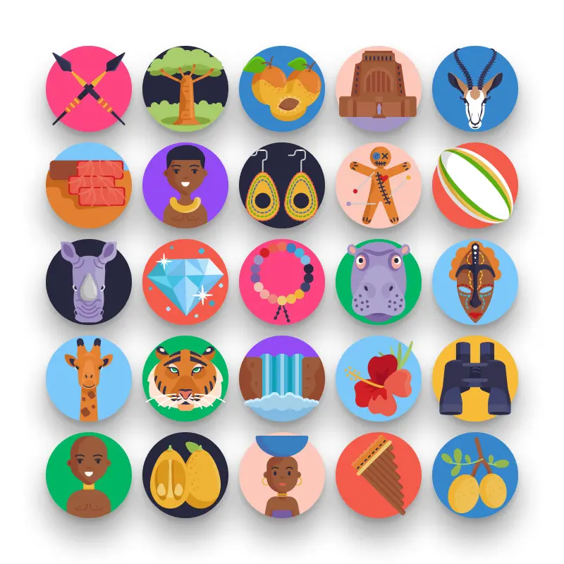 50 South Africa Icons – set of colorful flat circle icons