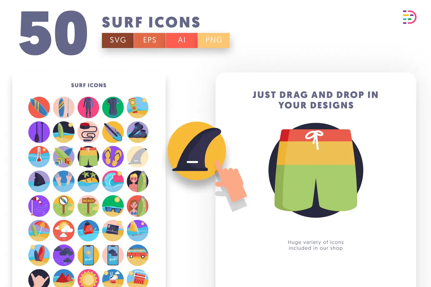 50 Surf Icons preview 1 – flat circle icons in PNG, SVG and EPS