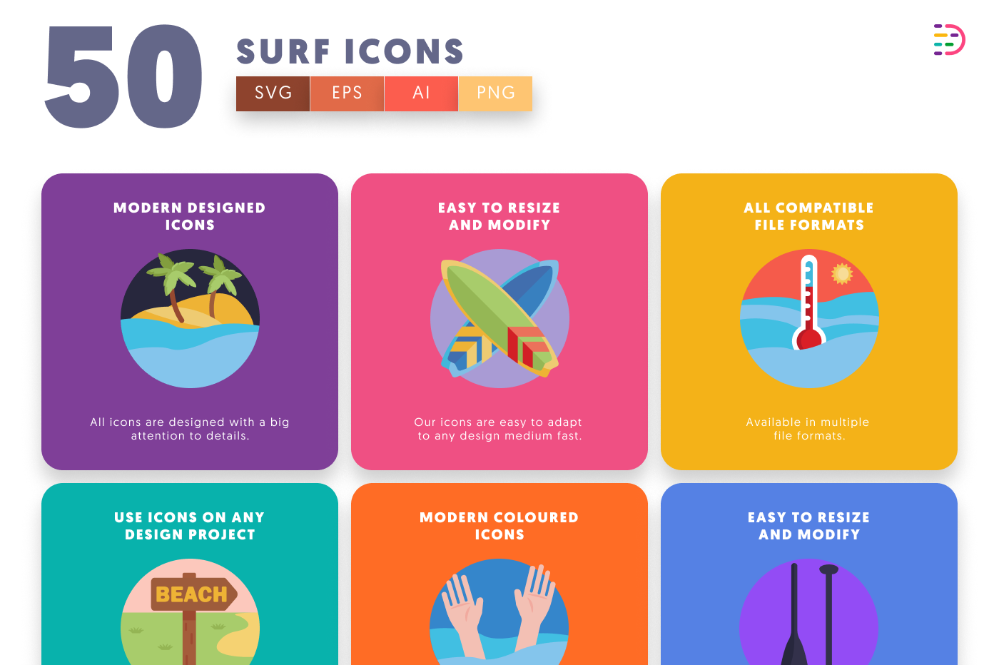 50 Surf Icons preview 5 – flat circle icons in PNG, SVG and EPS