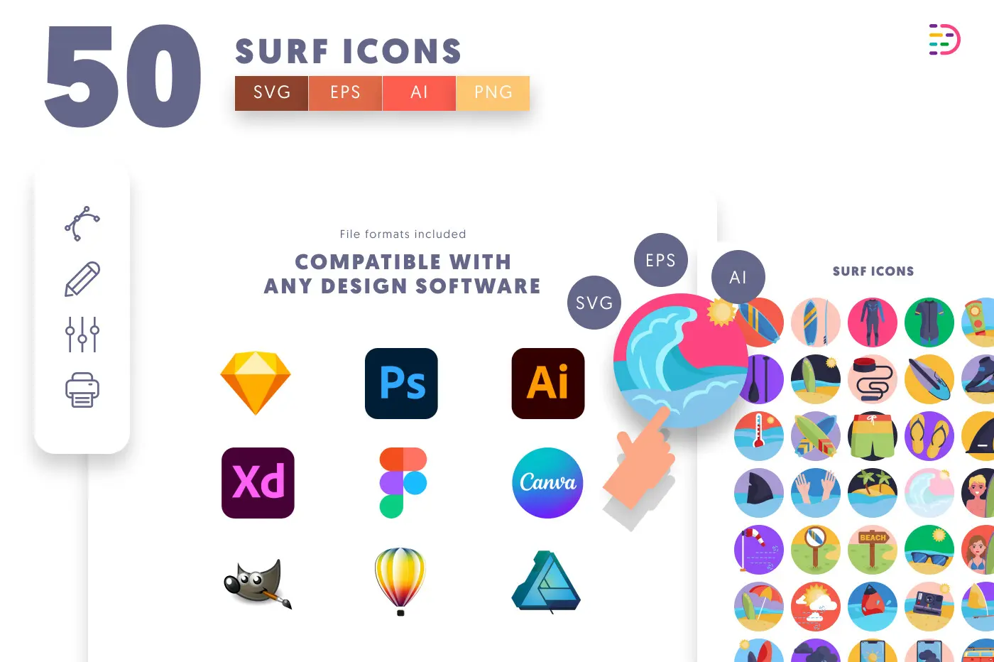 50 Surf Icons preview 8 – flat circle icons in PNG, SVG and EPS
