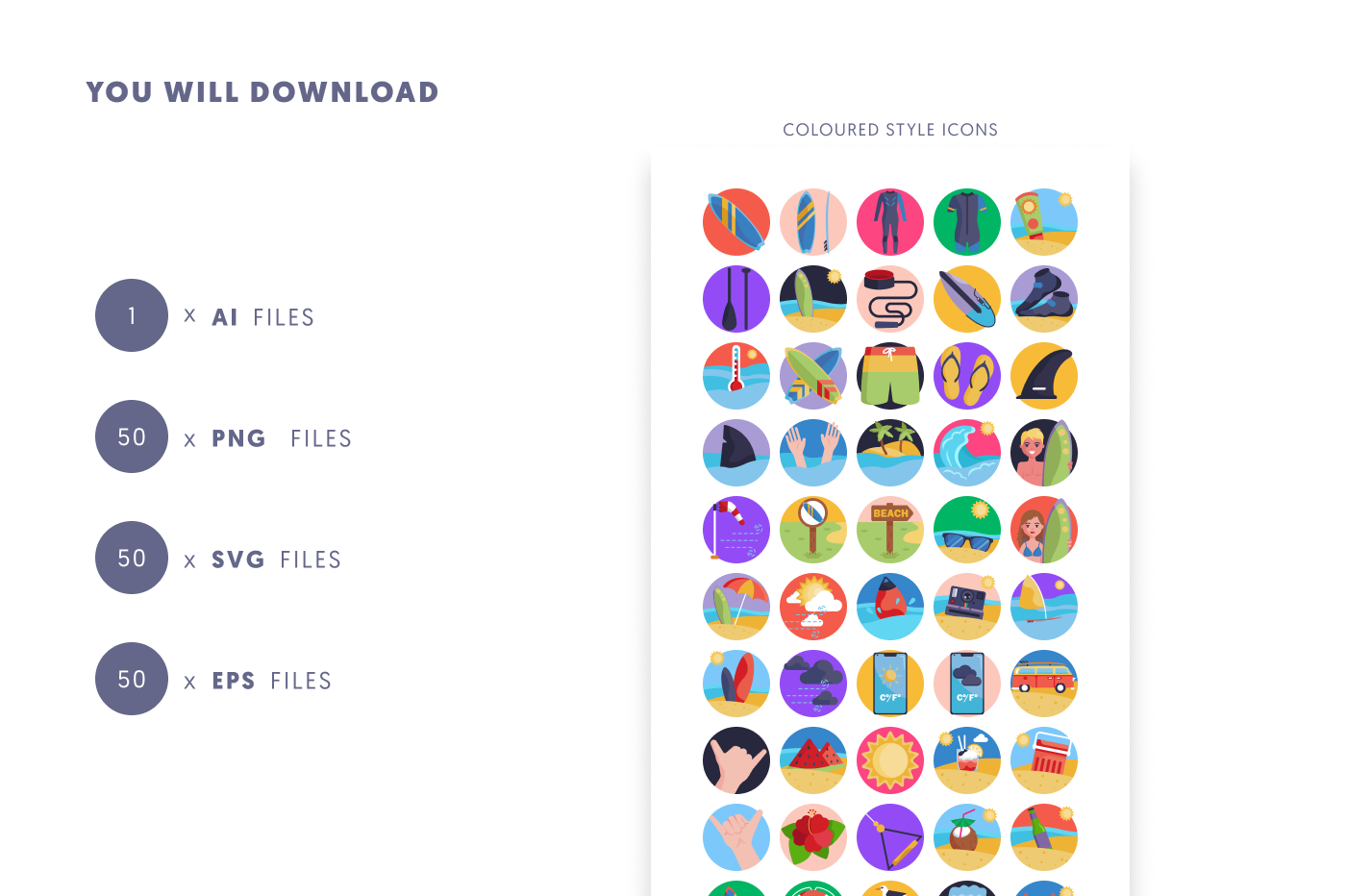 50 Surf Icons preview 9 – flat circle icons in PNG, SVG and EPS