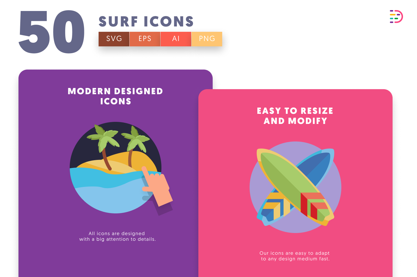 50 Surf Icons cover – flat circle icons in PNG, SVG and EPS