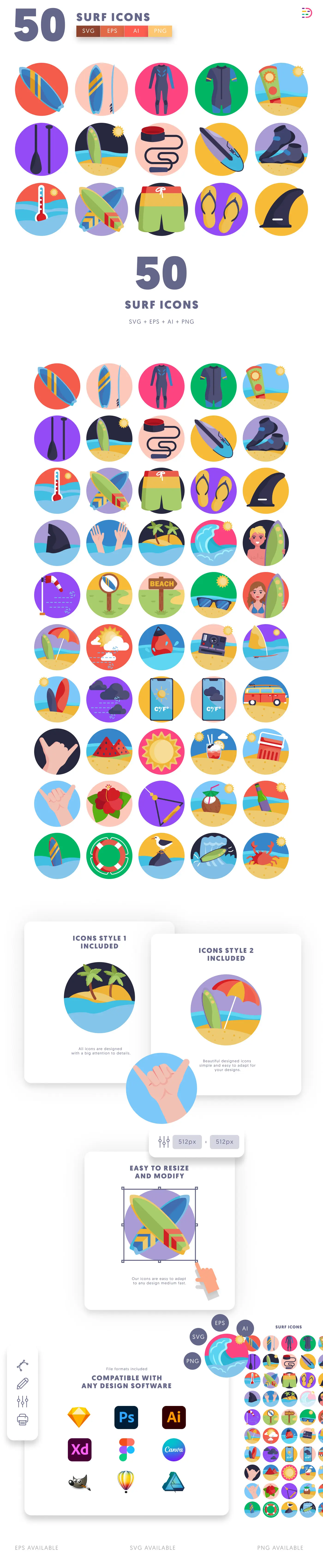 50 Surf Icons cover – flat circle icons in PNG, SVG and EPS