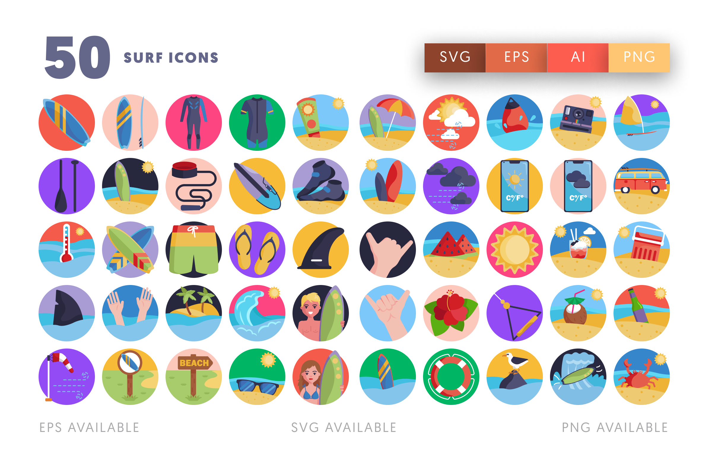 50 Surf Icons – flat circle icon set