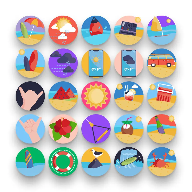 50 Surf Icons – set of colorful flat circle icons
