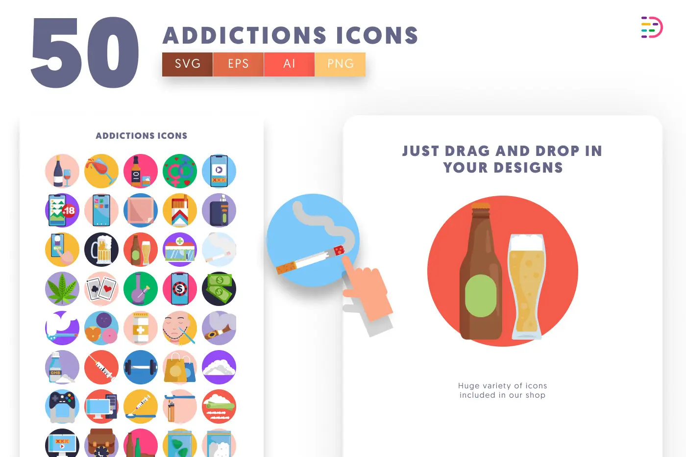 50 Addictions Icons preview 1 – flat circle icons in PNG, SVG and EPS