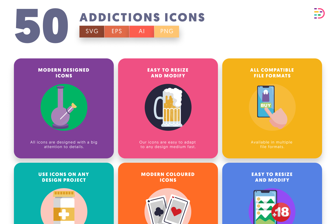50 Addictions Icons preview 5 – flat circle icons in PNG, SVG and EPS