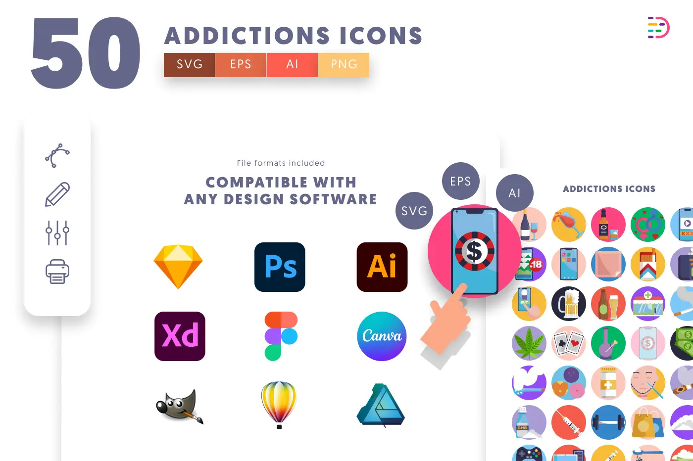 50 Addictions Icons preview 8 – flat circle icons in PNG, SVG and EPS