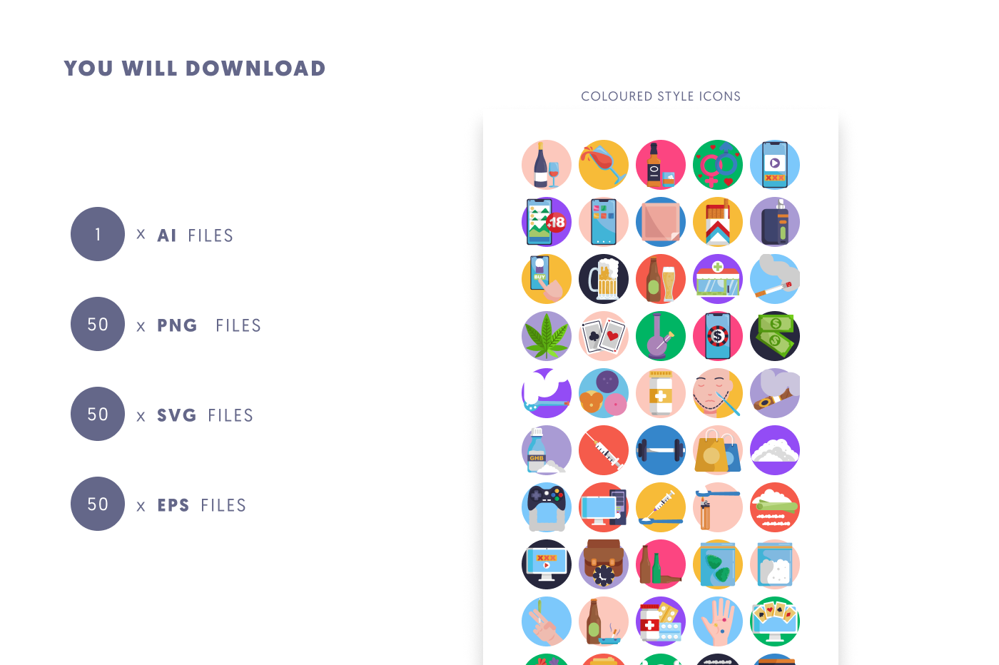 50 Addictions Icons preview 9 – flat circle icons in PNG, SVG and EPS
