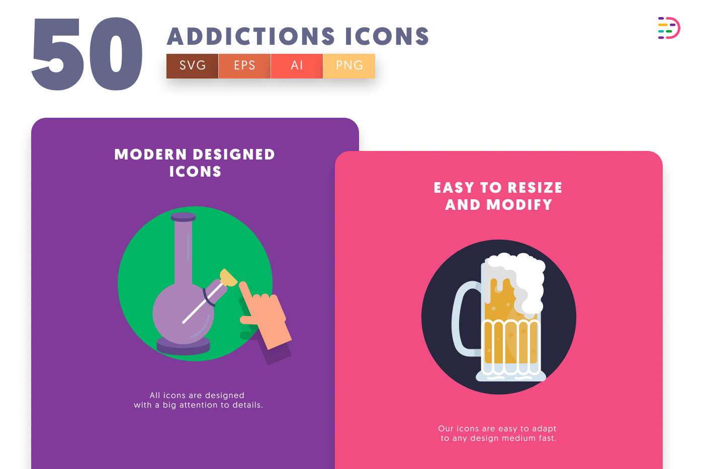 50 Addictions Icons cover – flat circle icons in PNG, SVG and EPS