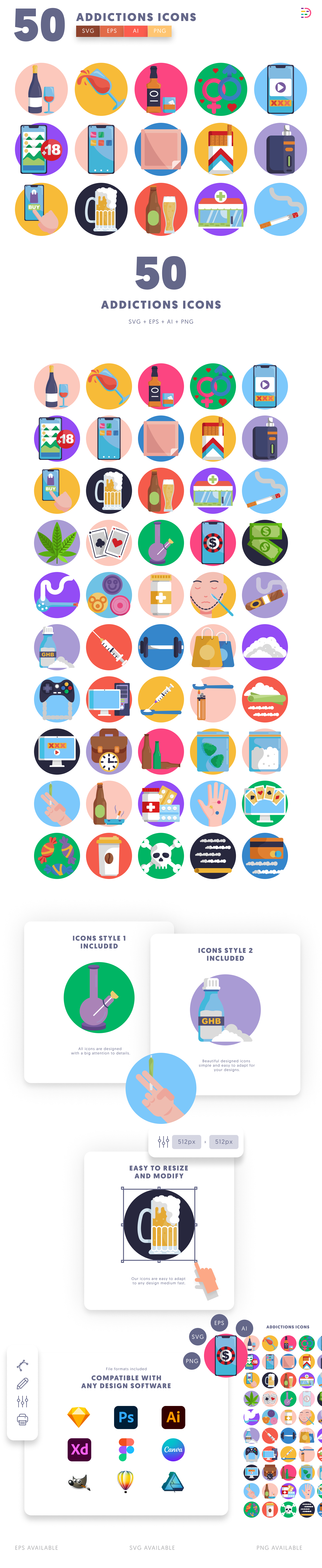 50 Addictions Icons cover – flat circle icons in PNG, SVG and EPS