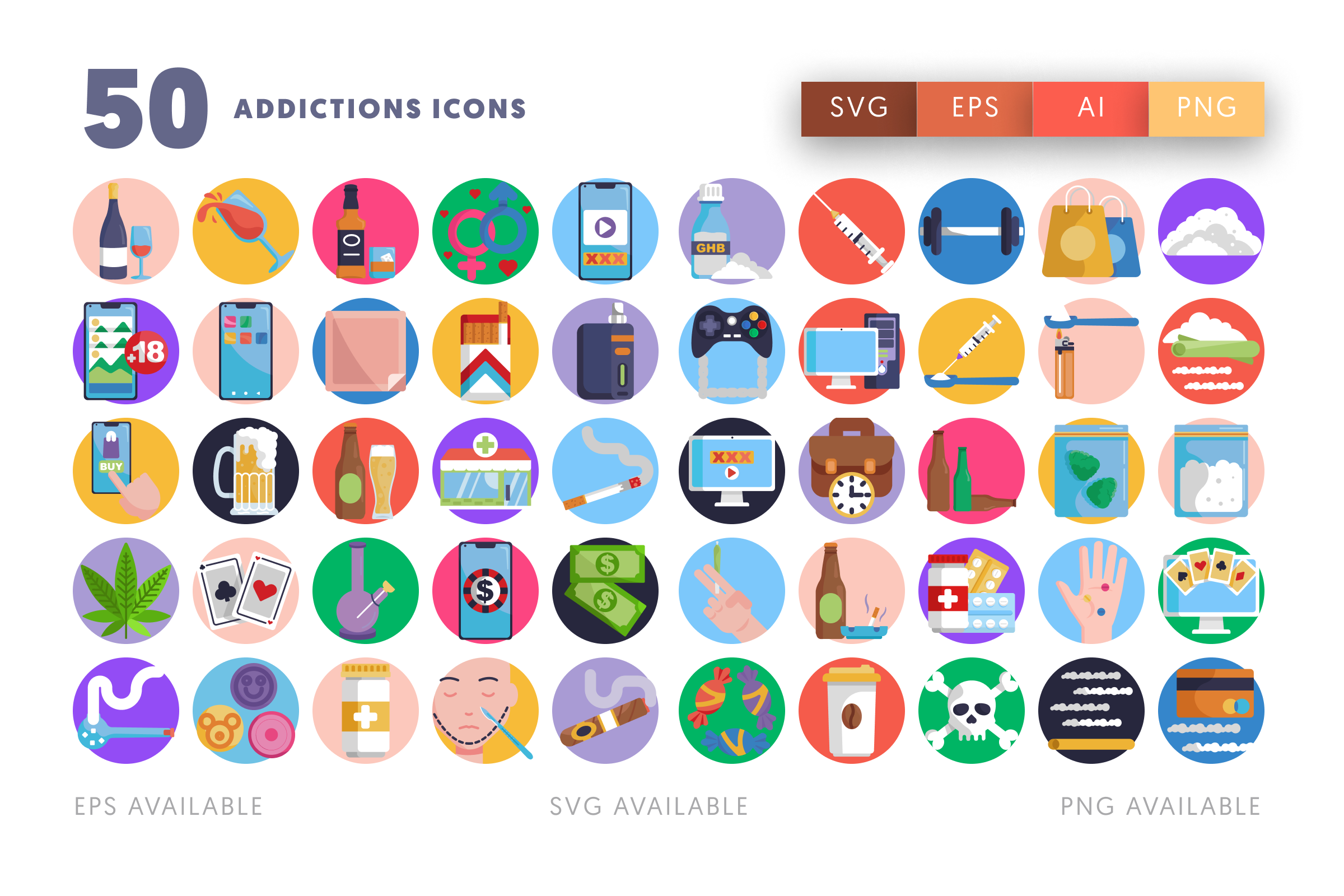 50 Addictions Icons – flat circle icon set