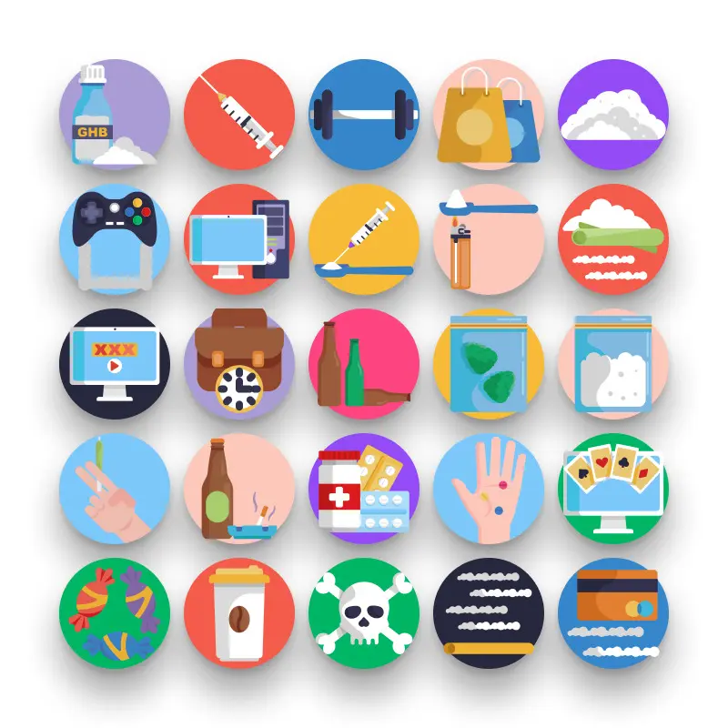 50 Addictions Icons – set of colorful flat circle icons