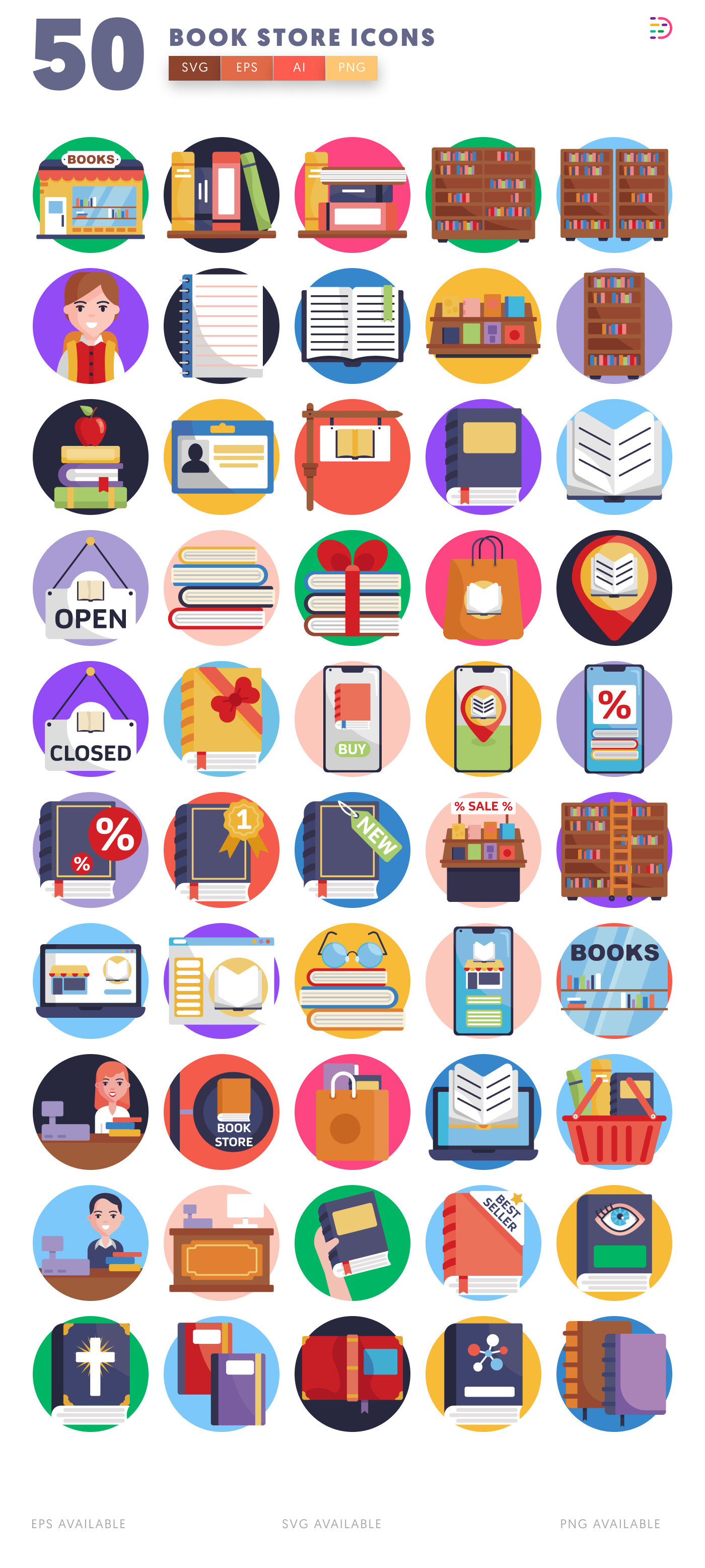 50 Book Store Icons – all icons in the set