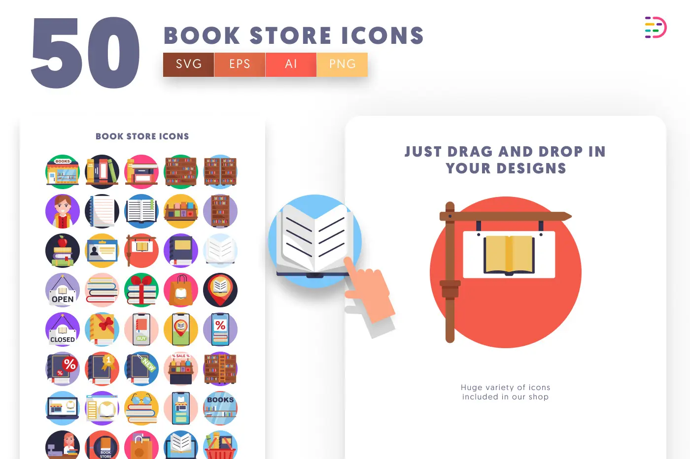 50 Book Store Icons preview 1 – flat circle icons in PNG, SVG and EPS