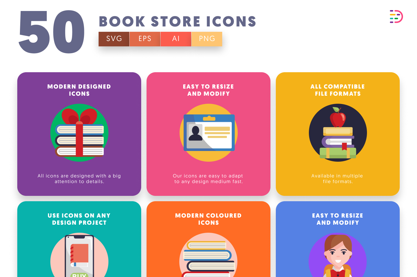 50 Book Store Icons preview 5 – flat circle icons in PNG, SVG and EPS