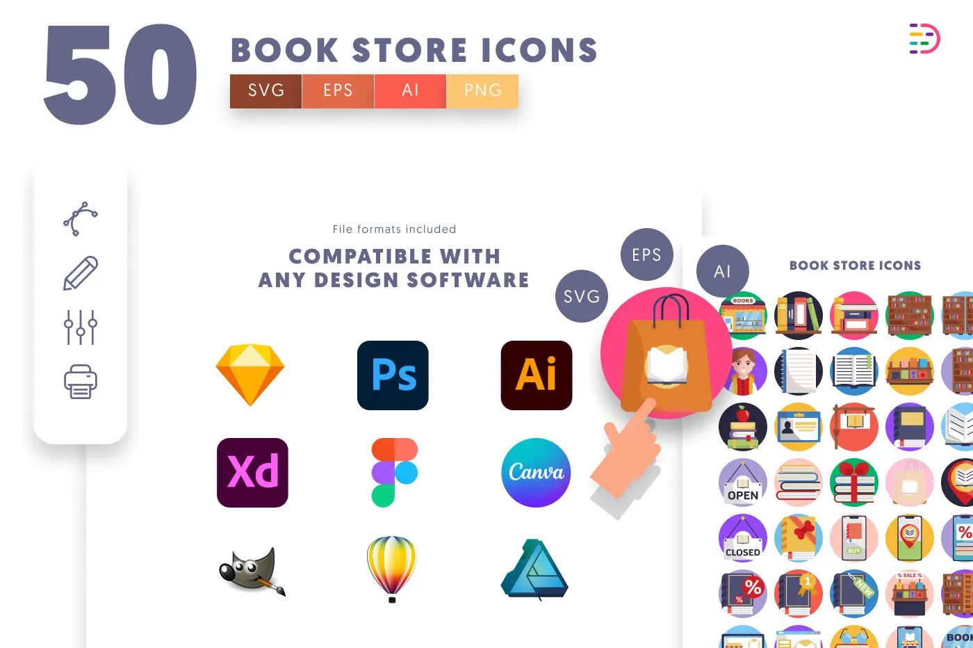 50 Book Store Icons preview 8 – flat circle icons in PNG, SVG and EPS