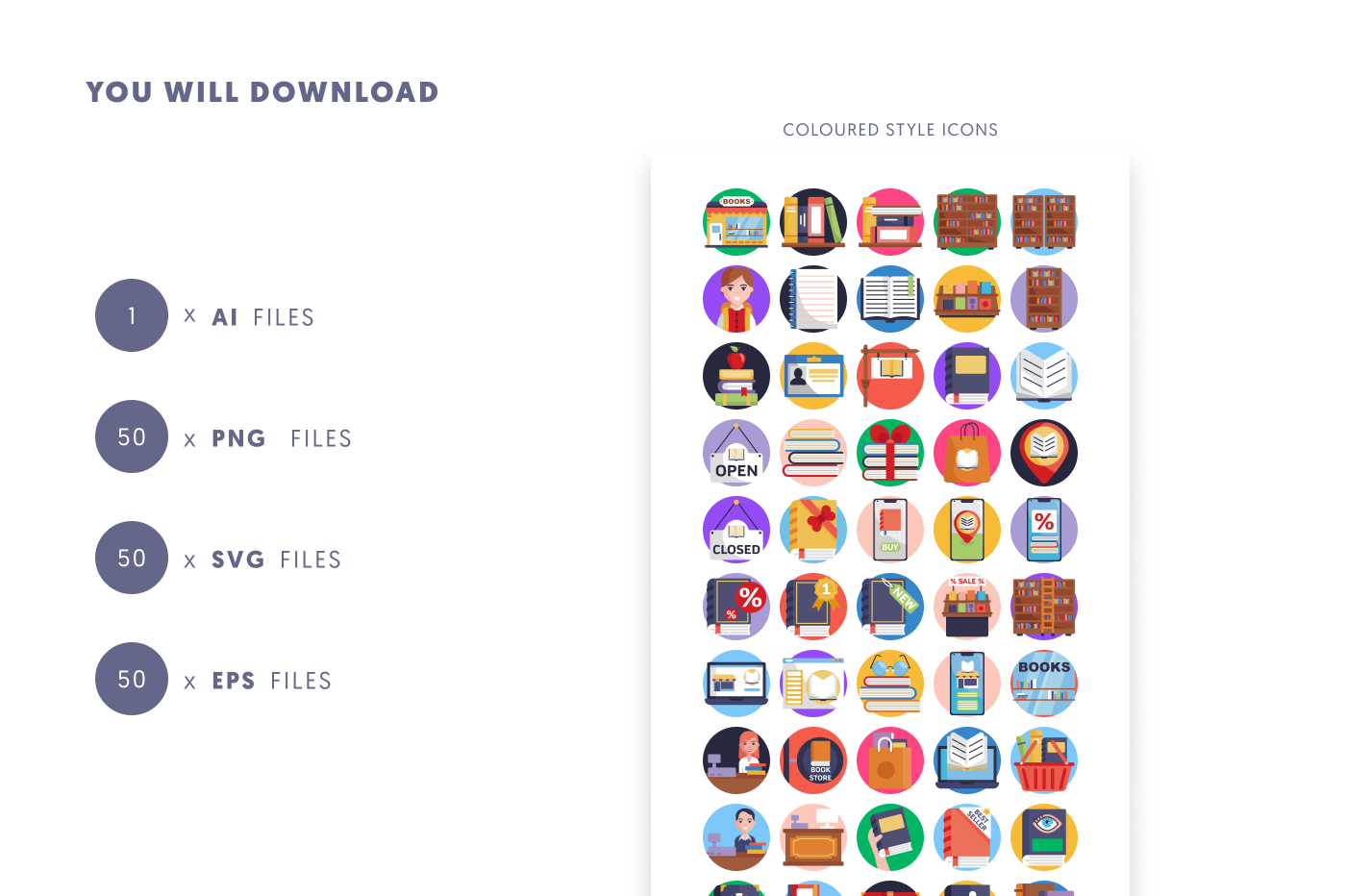 50 Book Store Icons preview 9 – flat circle icons in PNG, SVG and EPS