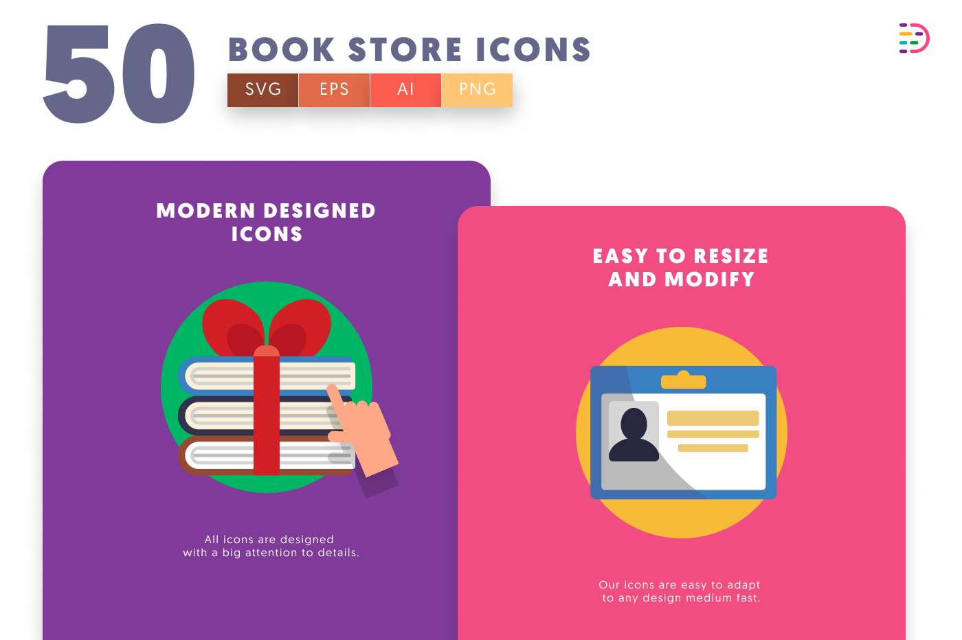 50 Book Store Icons cover – flat circle icons in PNG, SVG and EPS