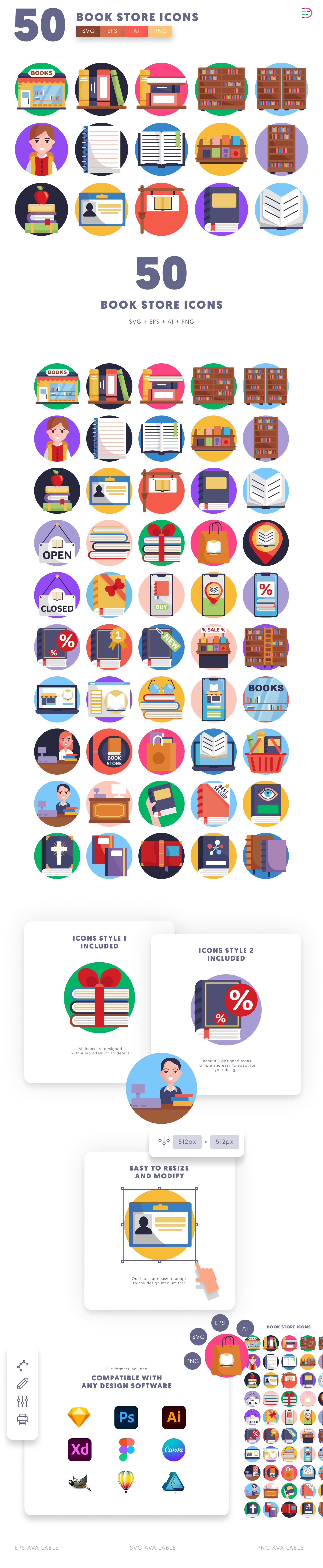 50 Book Store Icons cover – flat circle icons in PNG, SVG and EPS