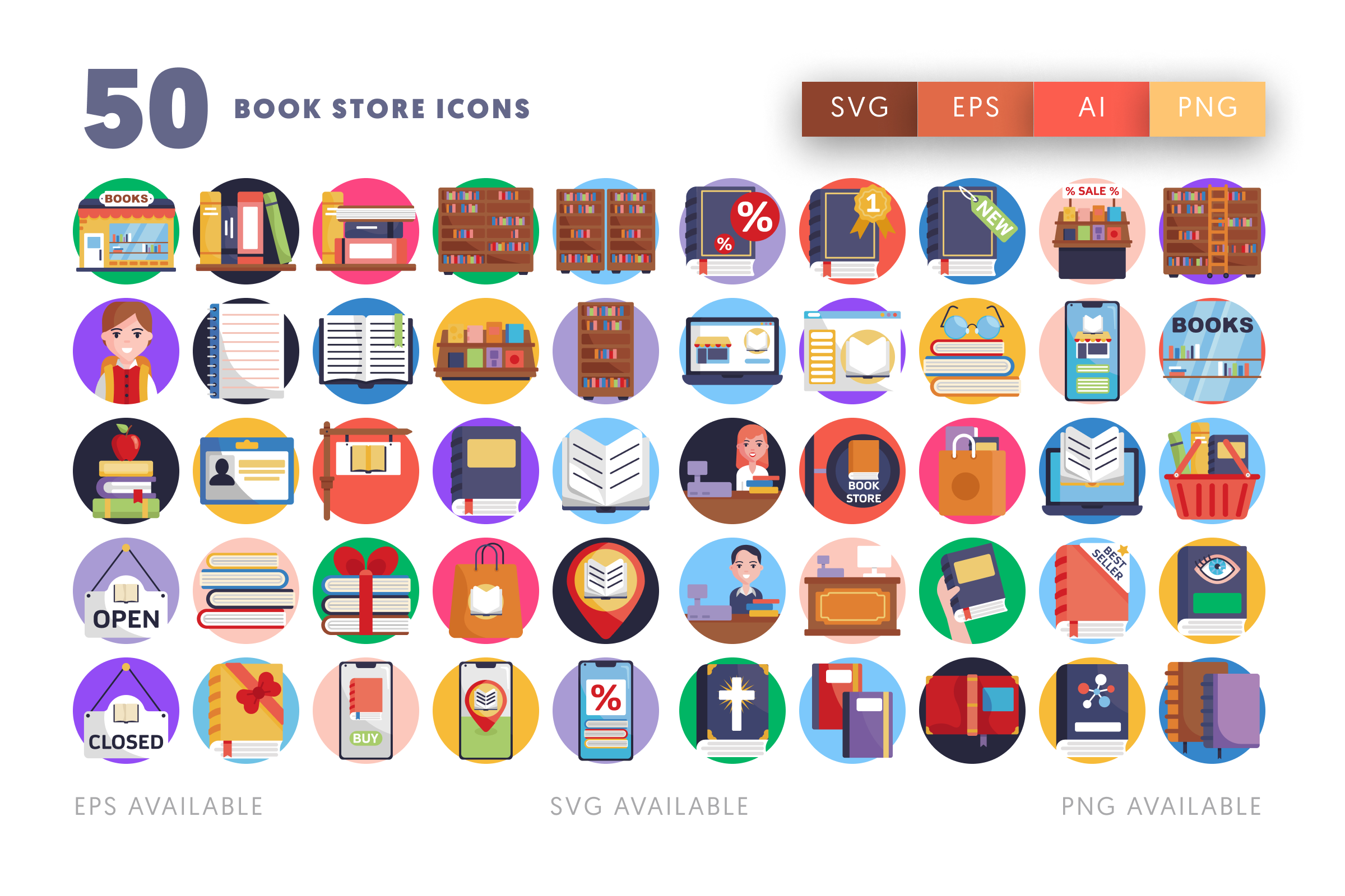 50 Book Store Icons – flat circle icon set