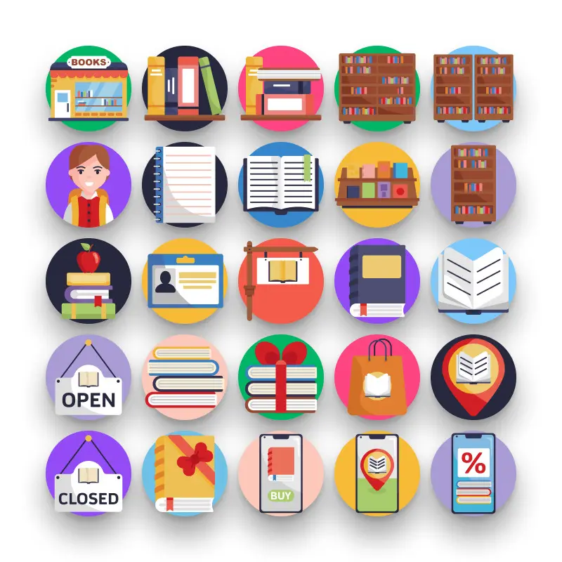 50 Book Store Icons – set of colorful flat circle icons