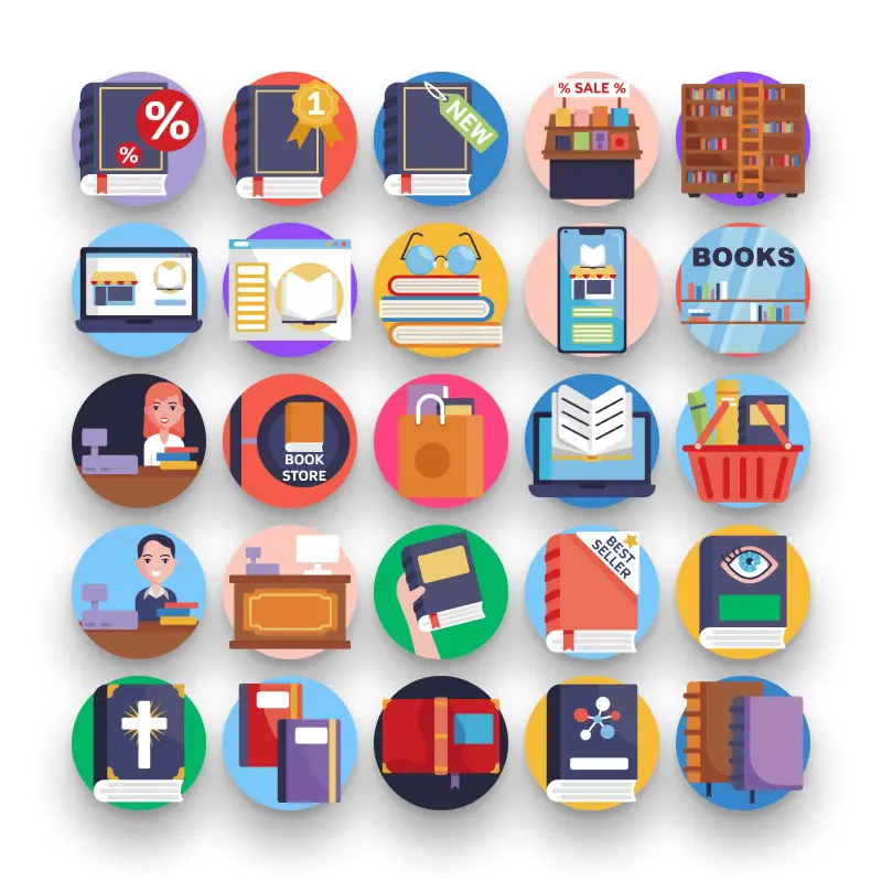 50 Book Store Icons – set of colorful flat circle icons