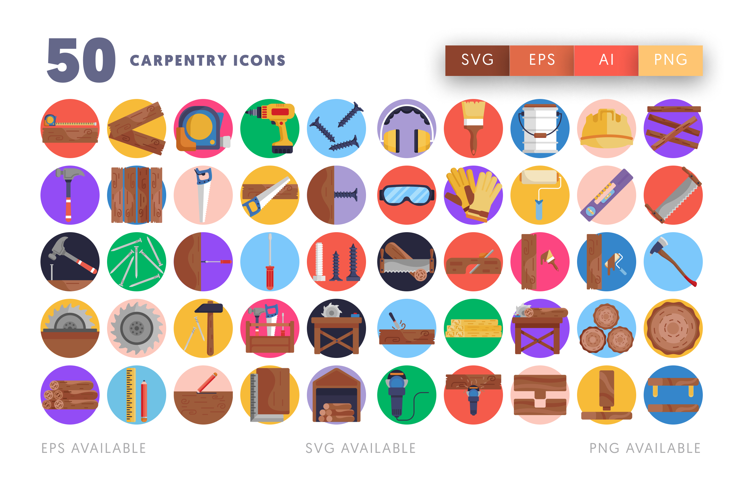 50 Carpentry Icons – flat circle icon set