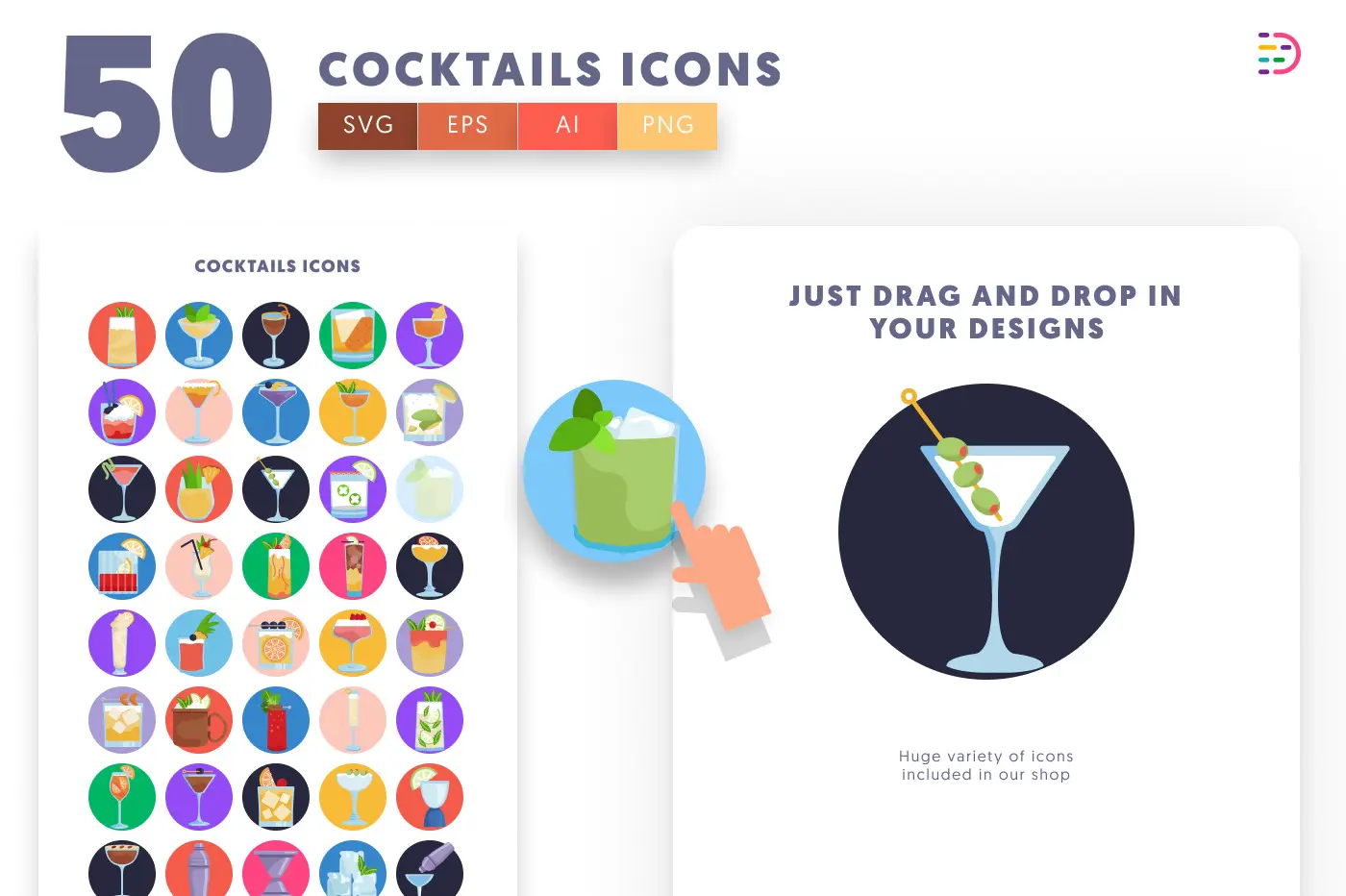 50 Cocktails Icons preview 1 – flat circle icons in PNG, SVG and EPS