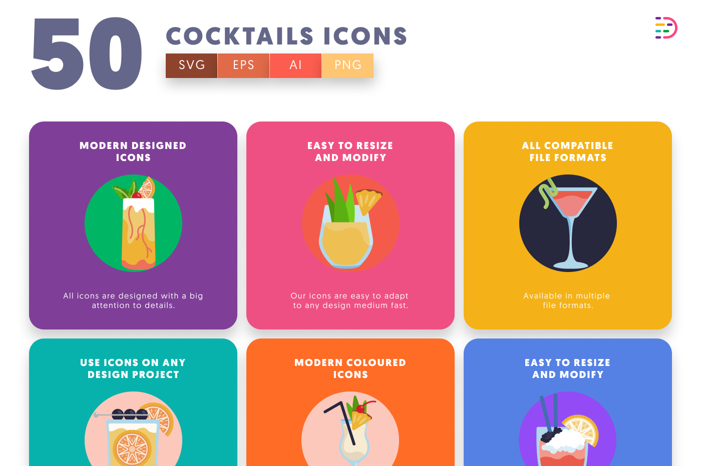 50 Cocktails Icons preview 5 – flat circle icons in PNG, SVG and EPS