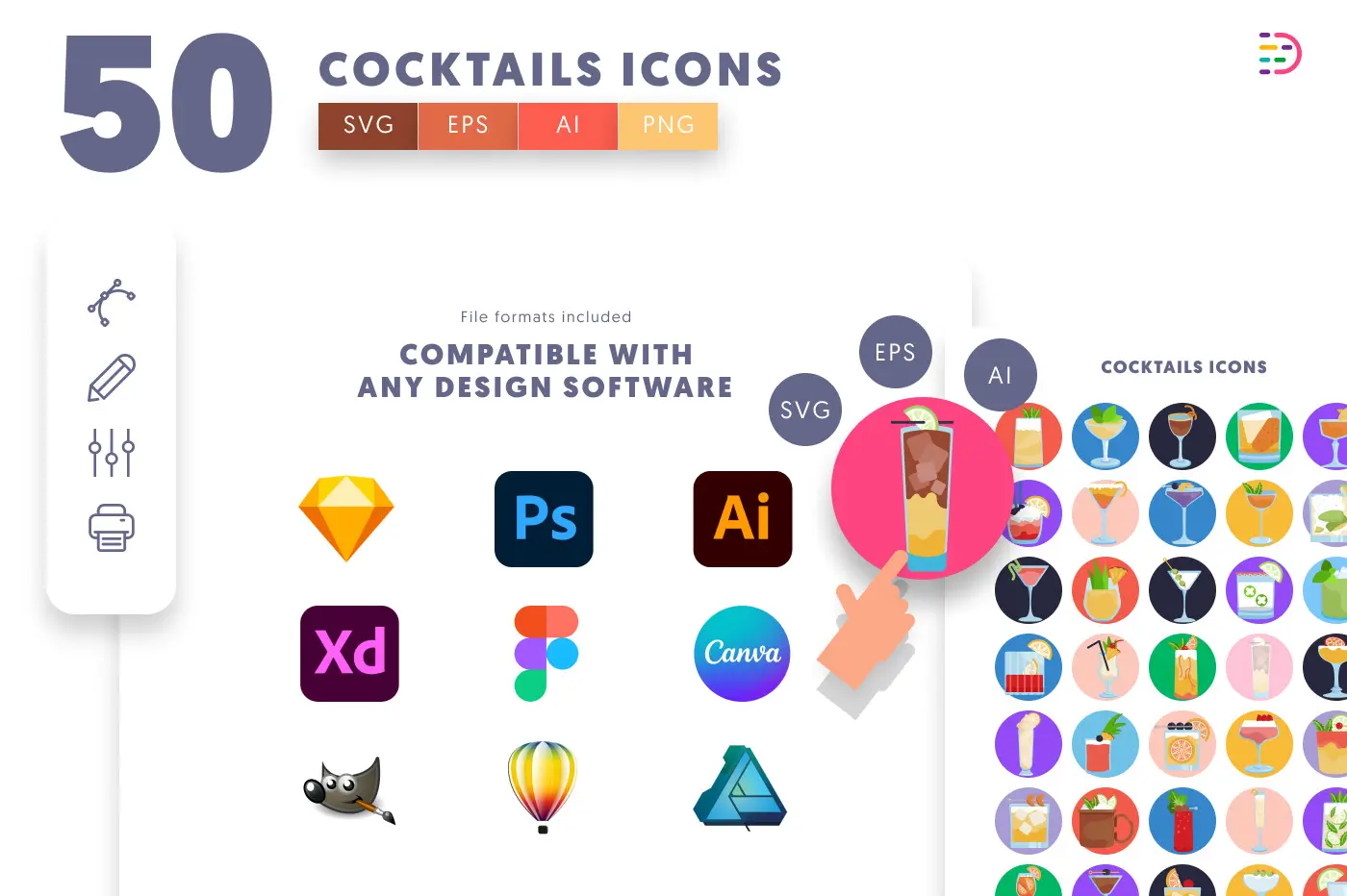 50 Cocktails Icons preview 8 – flat circle icons in PNG, SVG and EPS