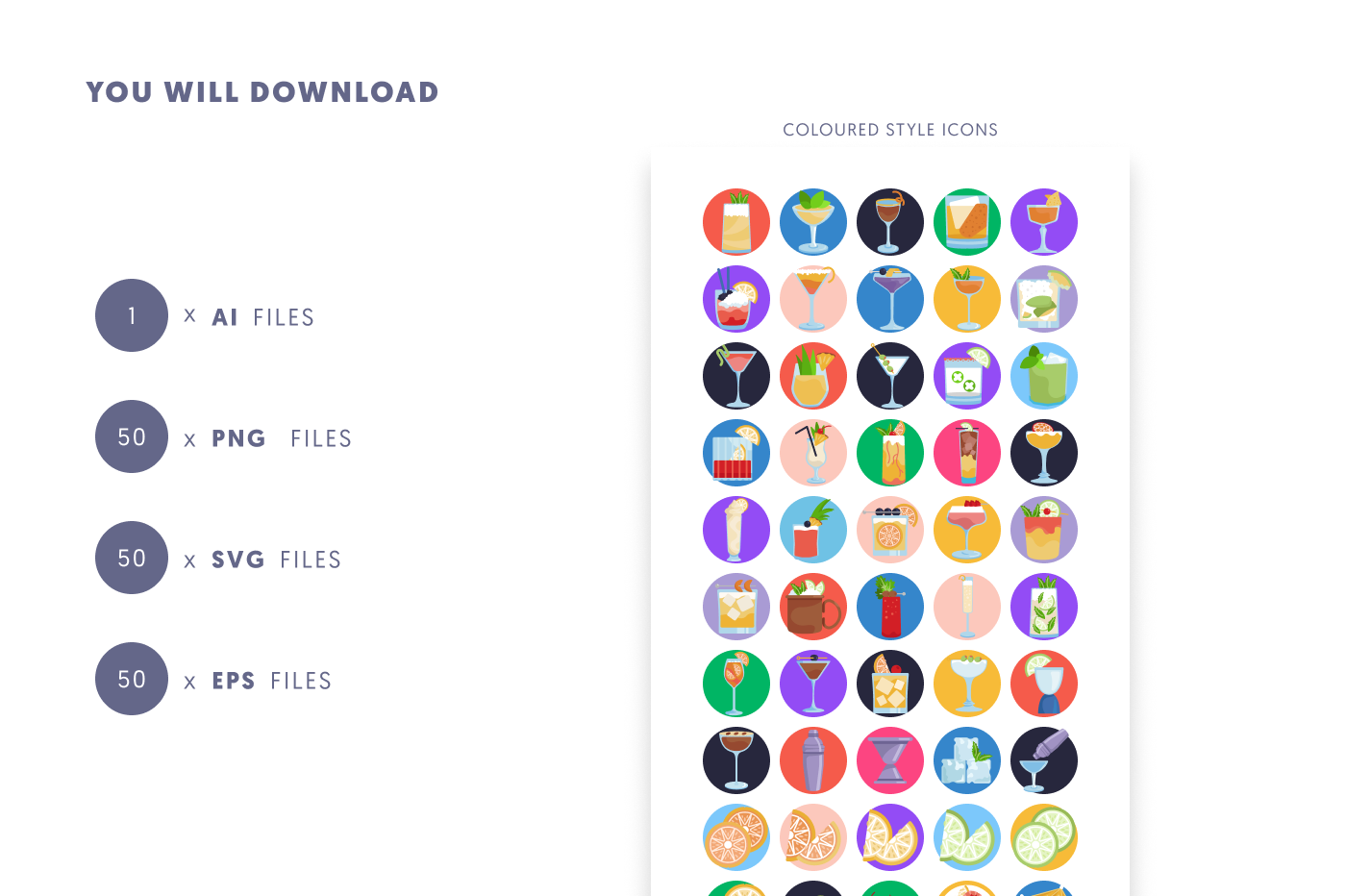 50 Cocktails Icons preview 9 – flat circle icons in PNG, SVG and EPS